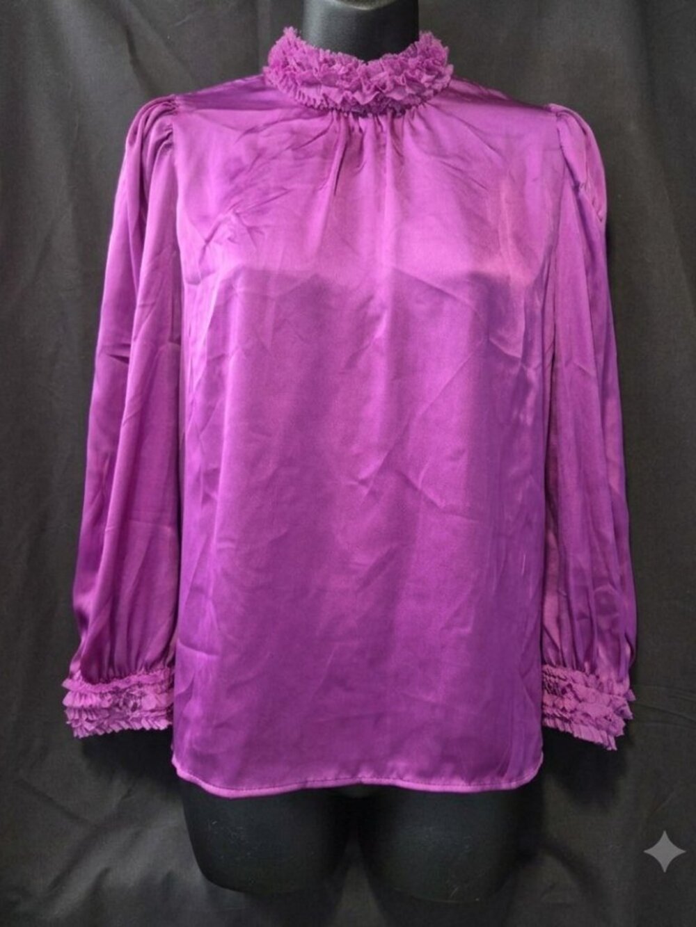 ZARA Magenta Satin Effect Mock Neck Ruffle Blouse M Purple Long Sleeve NWT
